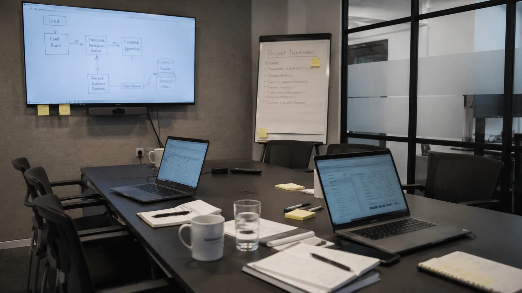 Besprechungsraum mit zwei Laptops und Notizblöcken, an der Wand ein Bildschirm mit einem Ablaufdiagramm von der Anfrage bis zur Datenbank, daneben ein Flipchart.