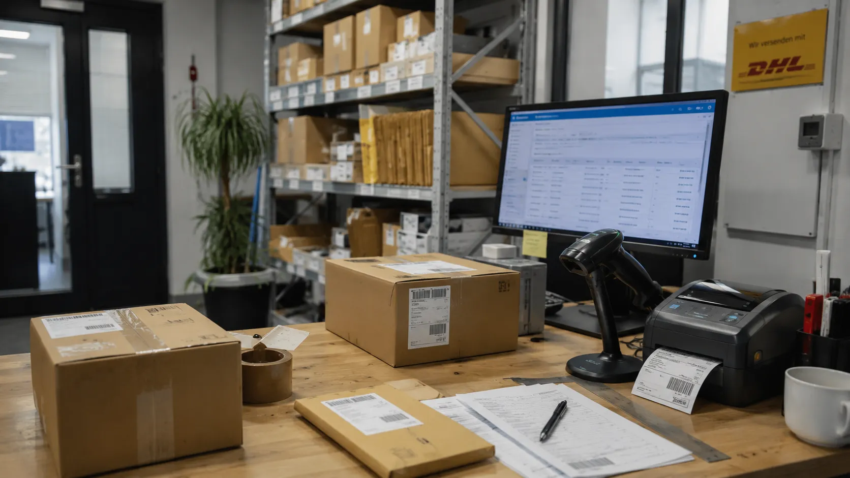 Packtisch in einem Versandlager: Kartons mit Versandetiketten, Handscanner, Etikettendrucker und ein Bildschirm mit der Bestellübersicht, an der Wand ein DHL-Schild.