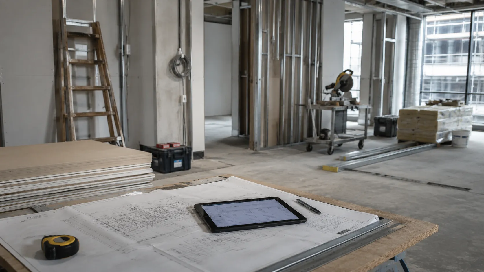 Innenausbau im Rohbau: auf einem Arbeitstisch liegt ein Bauplan mit einem Tablet darauf, dahinter Ständerwerk, Leiter und Kappsäge.