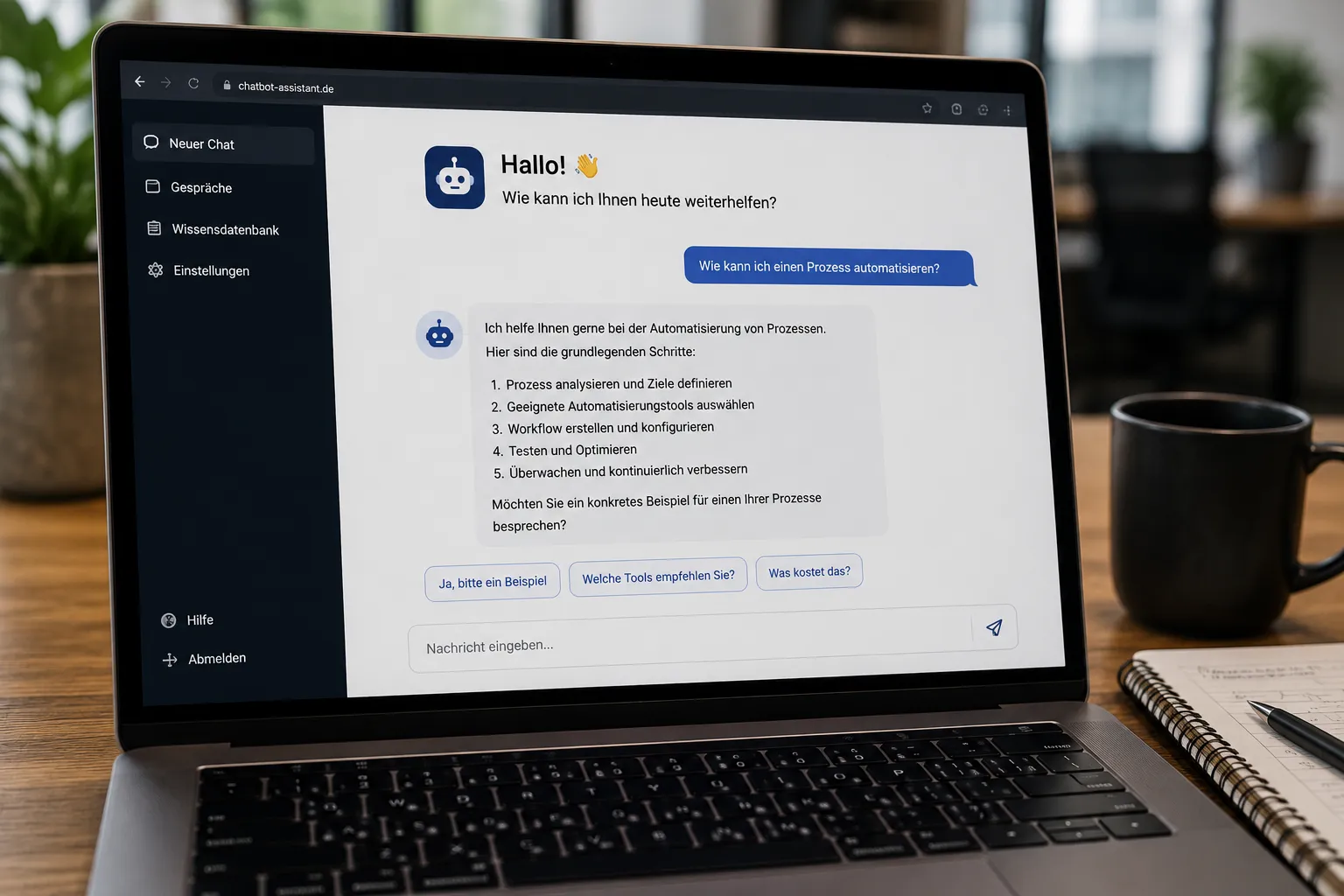Chatfenster im Browser. Auf die Frage, wie sich ein Prozess automatisieren lässt, antwortet der Assistent mit fünf nummerierten Schritten und bietet drei Anschlussfragen an.