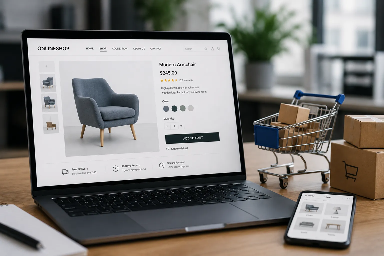 Produktseite eines Onlineshops auf einem Laptop, daneben ein Einkaufswagen mit Paketen und ein Telefon mit derselben Artikelübersicht.