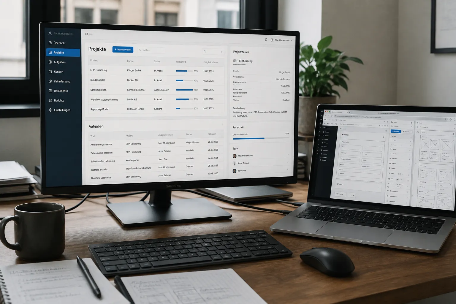 Bildschirm mit einer Projektübersicht: Projekte mit Kunde, Status und Fortschritt, daneben eine Aufgabenliste und die Details eines ausgewählten Projekts.